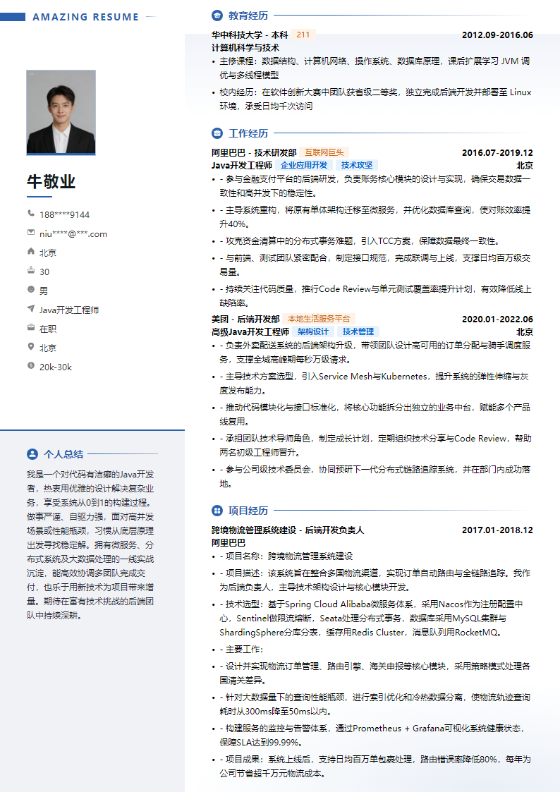 眺望先锋简历模板