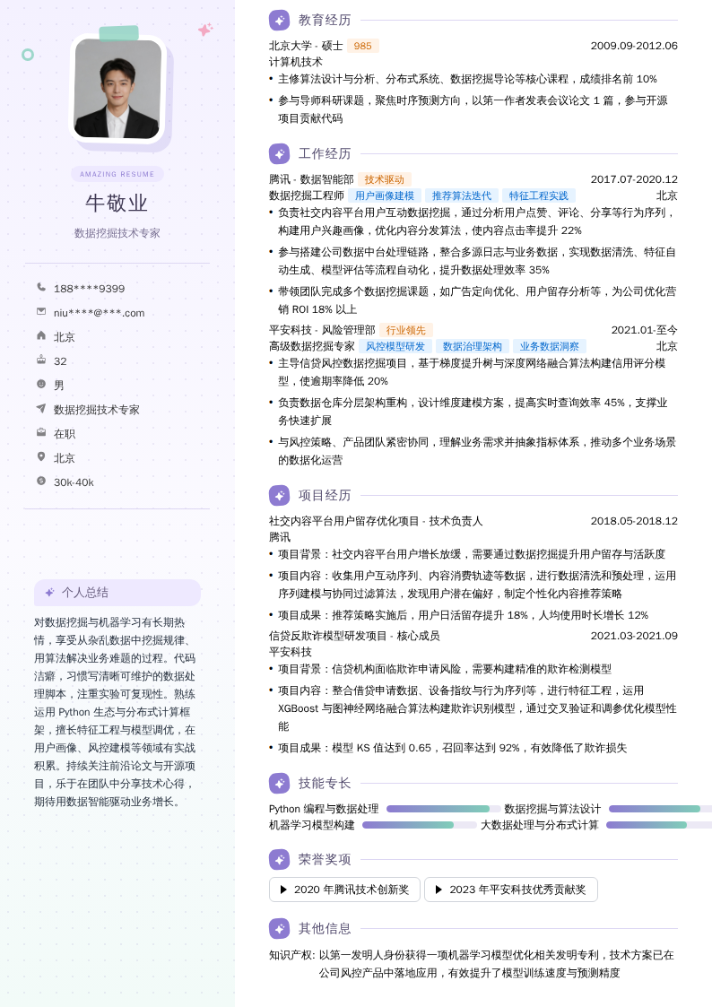 数据挖掘技术专家简历模板