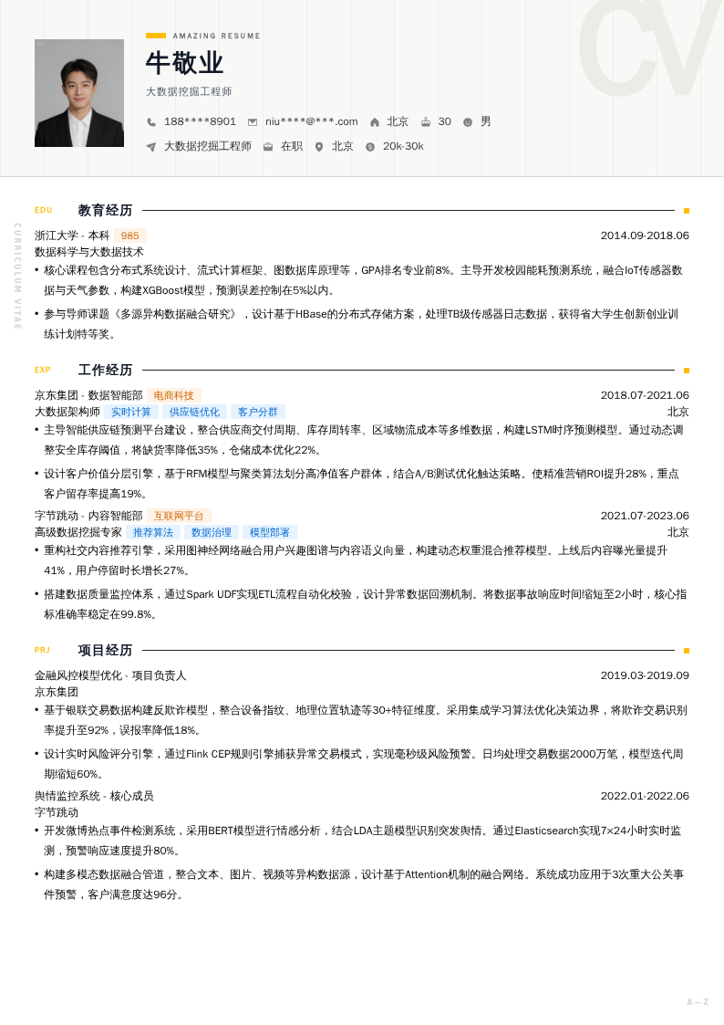 大数据挖掘工程师简历模板