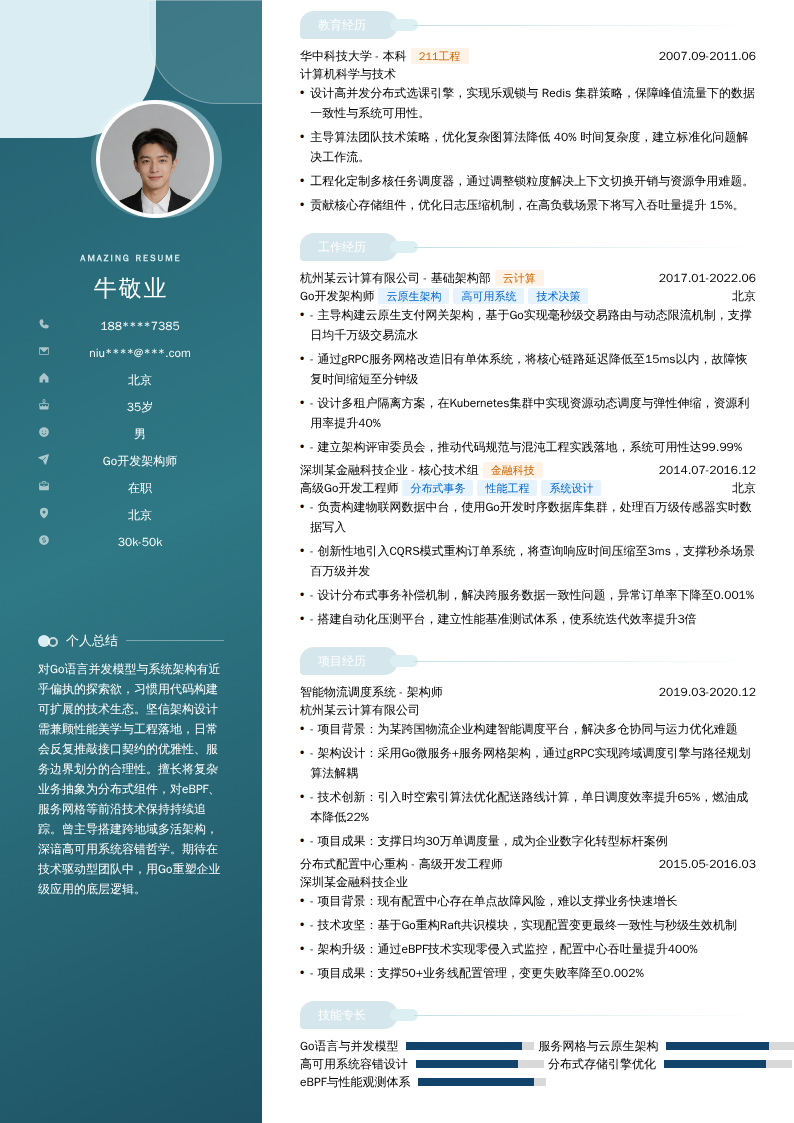 Go开发架构师简历模板