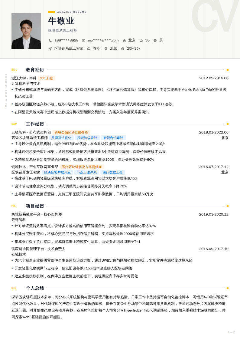 区块链系统工程师简历模板