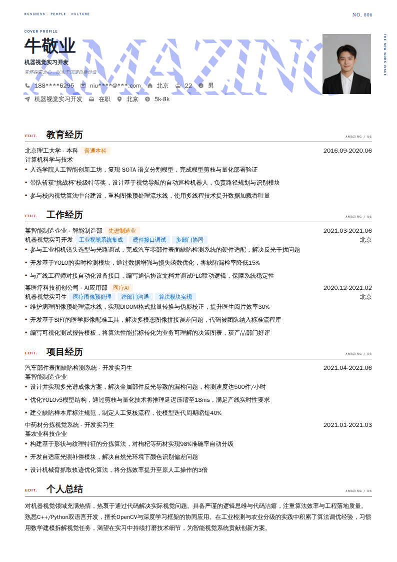 机器视觉实习开发简历模板