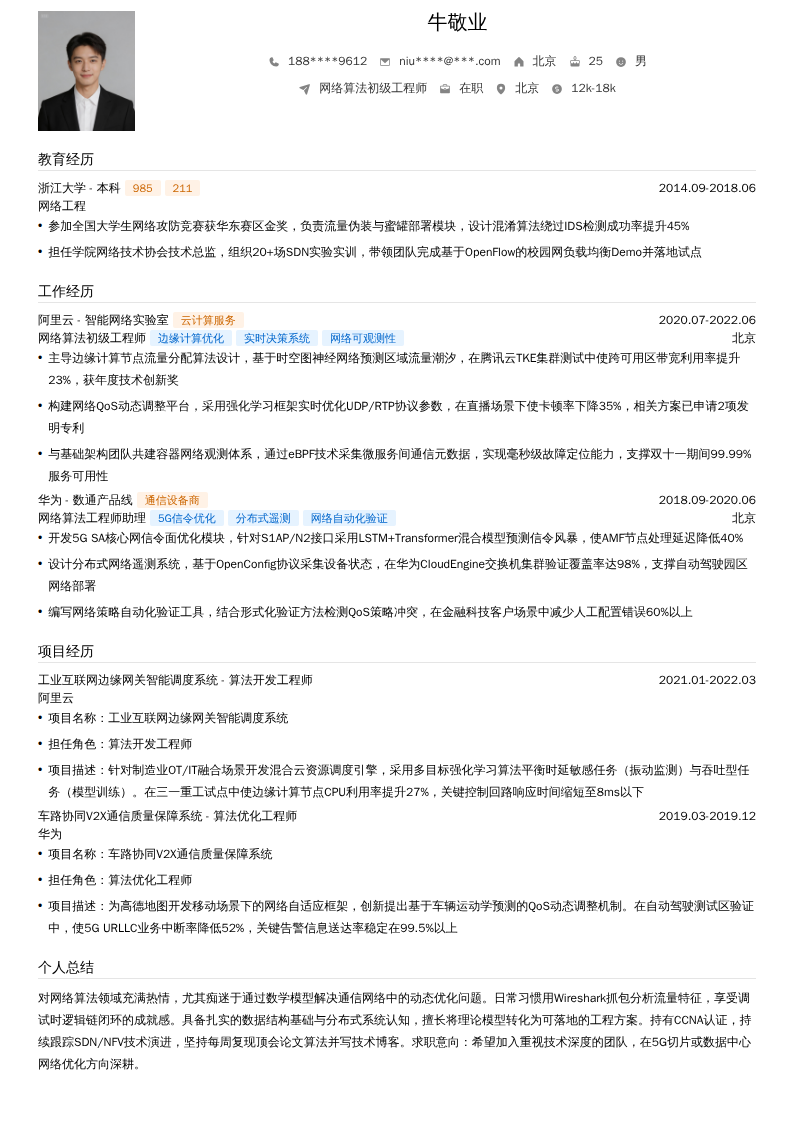 网络算法初级工程师简历模板