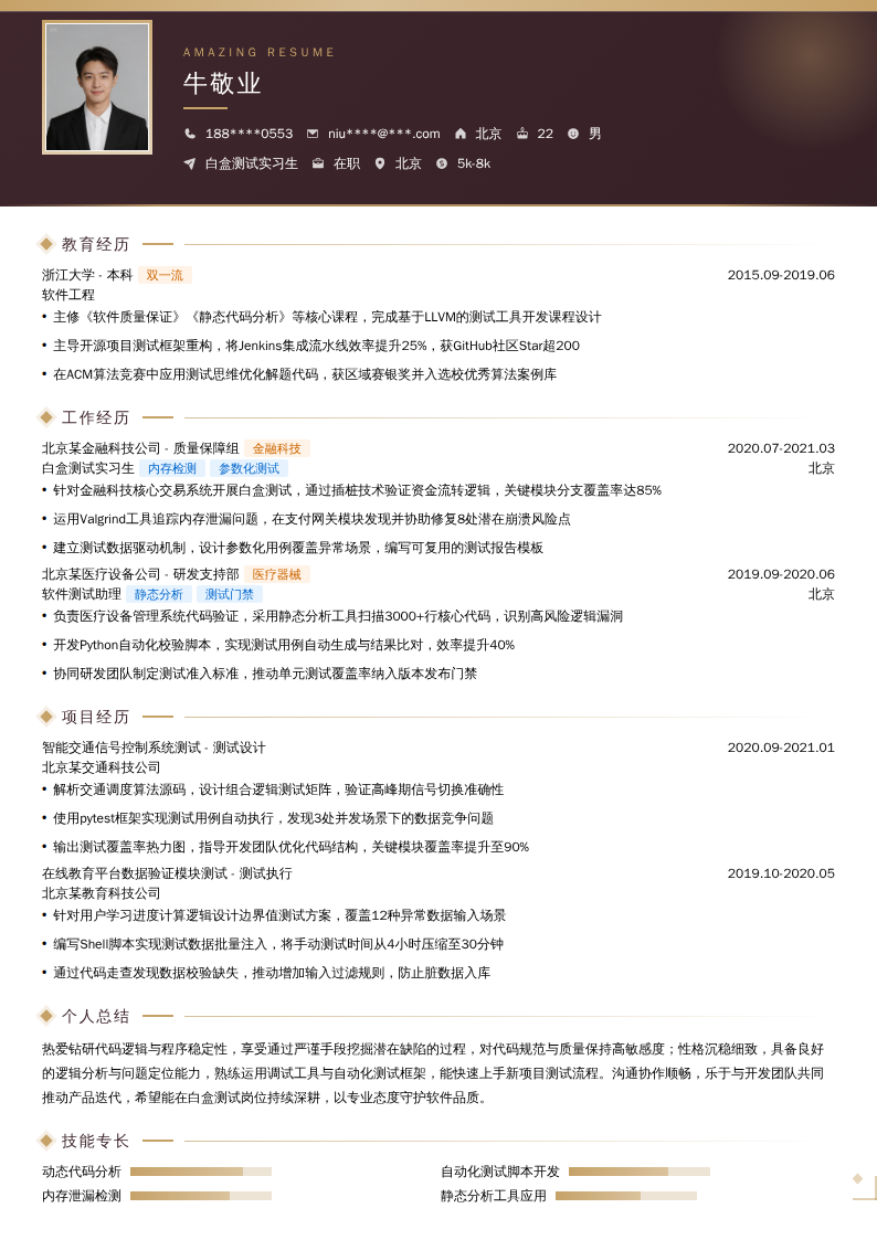 白盒测试实习生简历模板