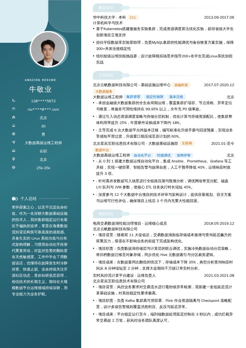 大数据高级运维工程师简历模板