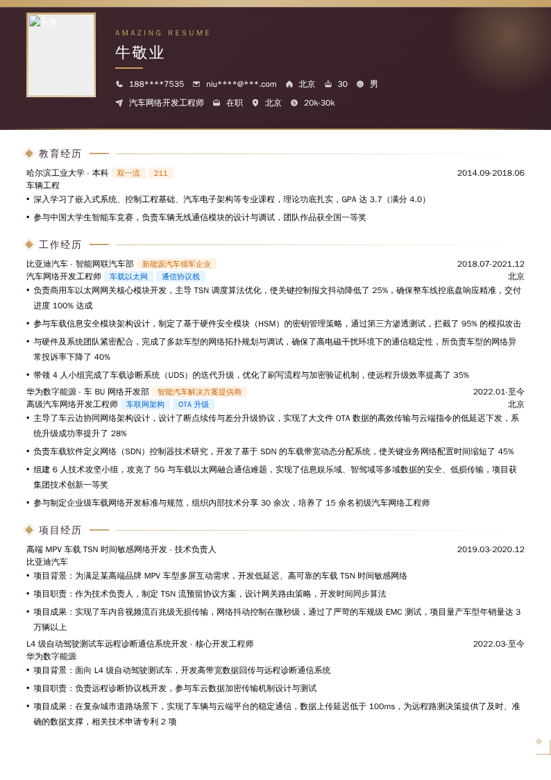 汽车网络开发工程师简历模板