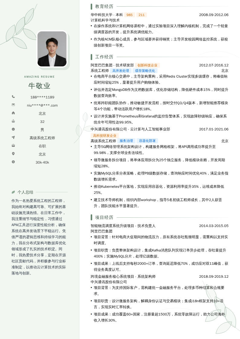 高级系统工程师简历模板