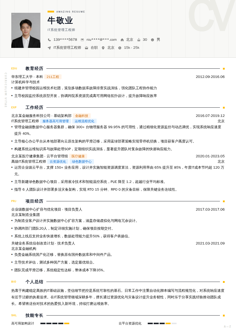 IT系统管理工程师简历模板