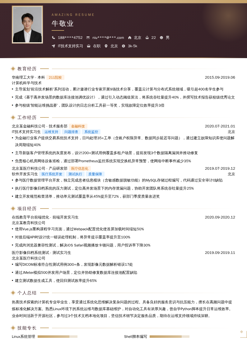 IT技术支持实习简历模板