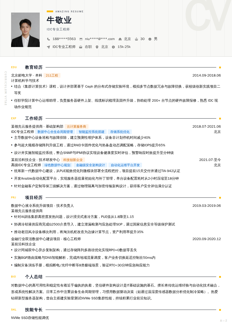 IDC专业工程师简历模板
