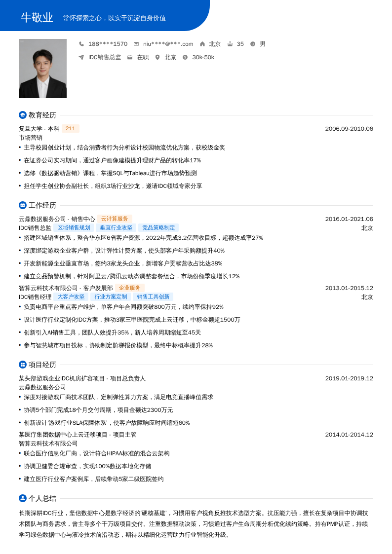 IDC销售总监简历模板