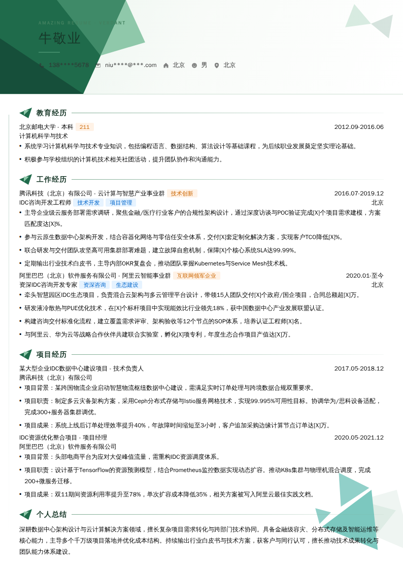 IDC咨询开发简历模板