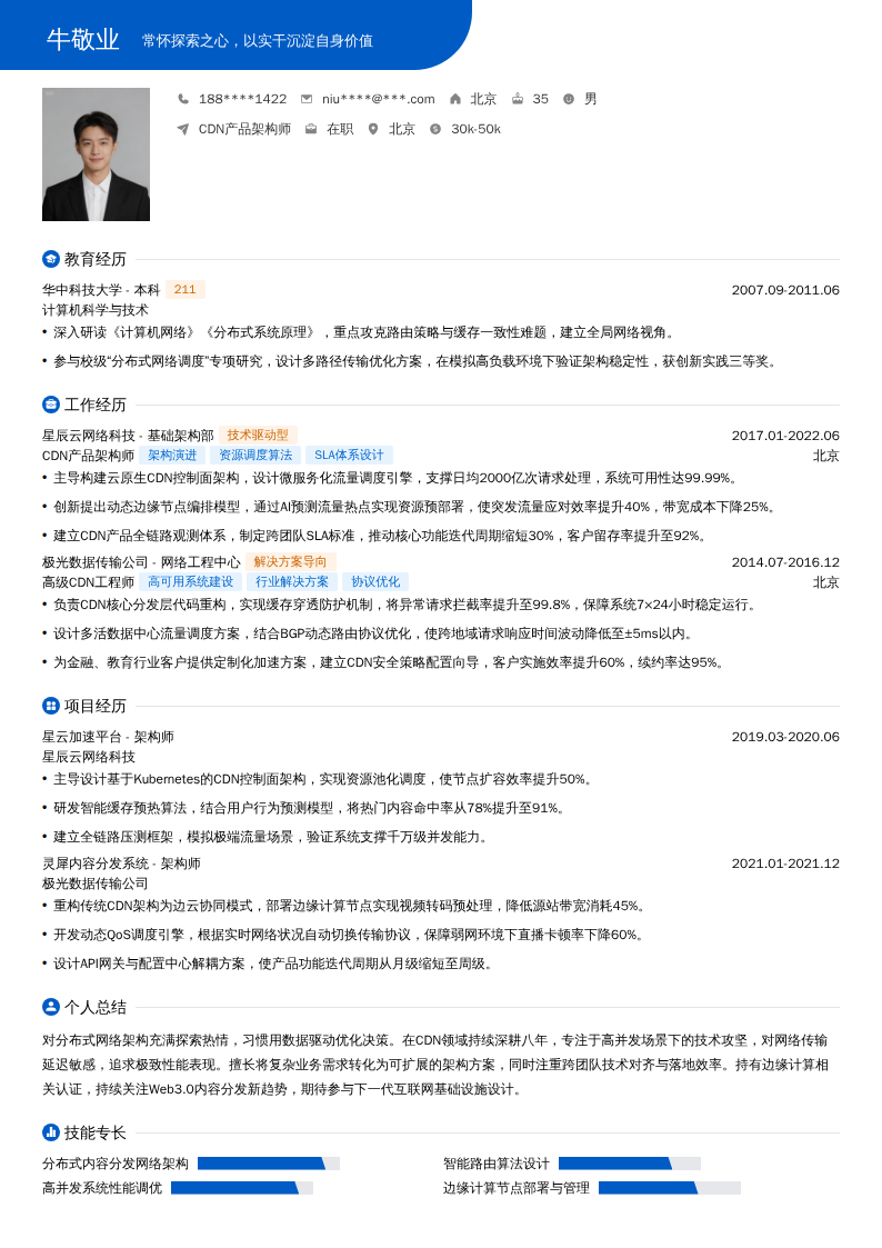 CDN产品架构师简历模板