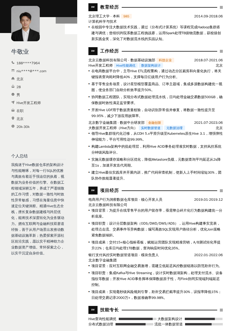 Hive开发工程师简历模板