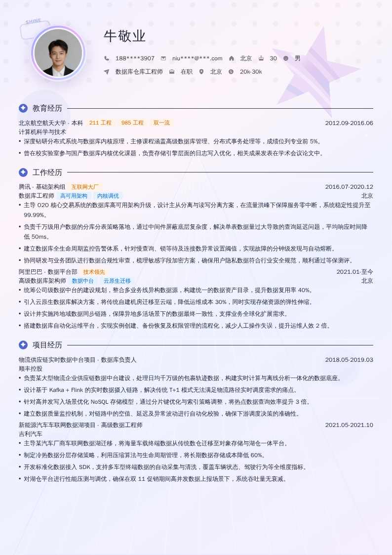 数据库仓库工程师简历模板