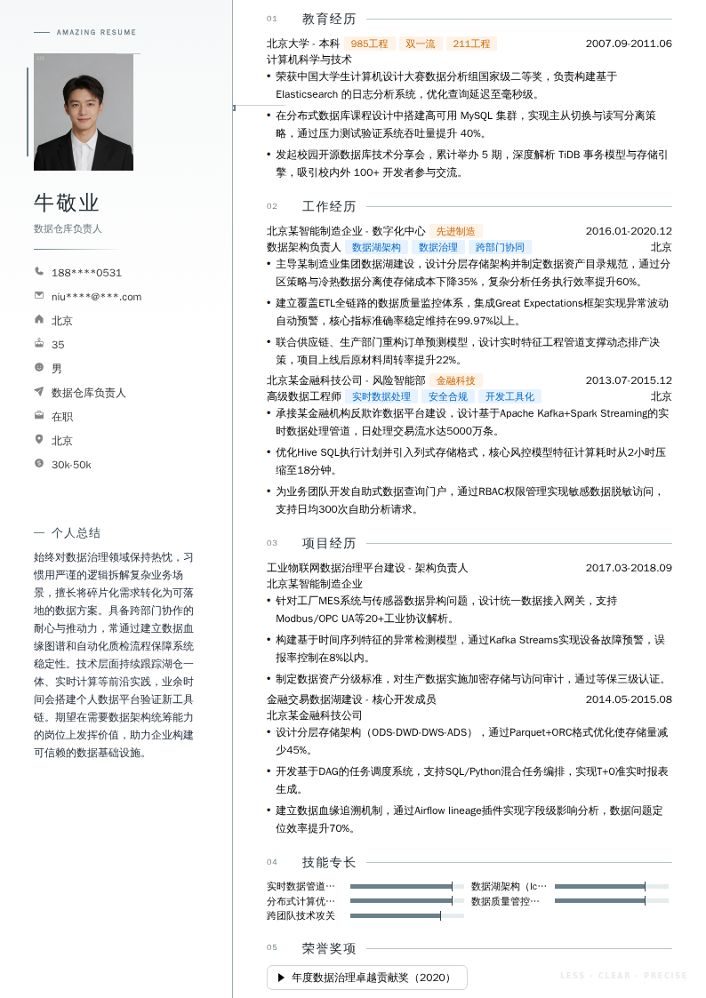 数据仓库负责人简历模板