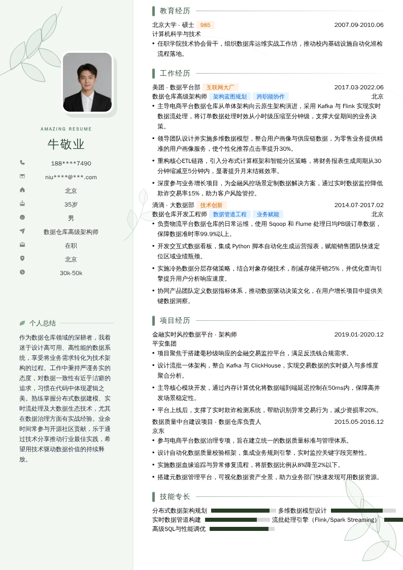 数据仓库高级架构师简历模板
