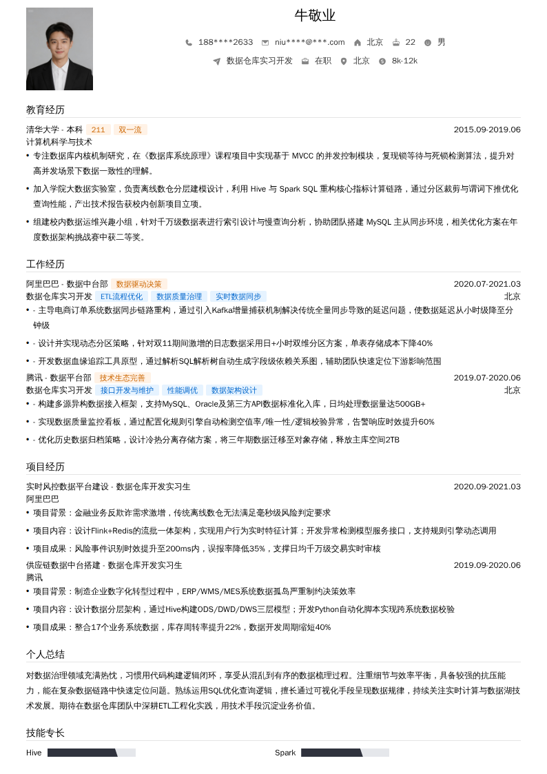 数据仓库实习开发简历模板