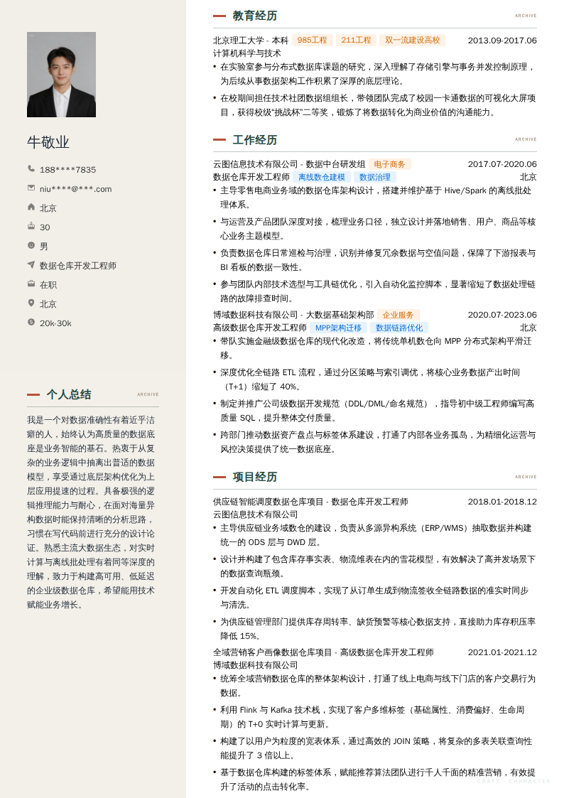 数据仓库开发工程师简历模板