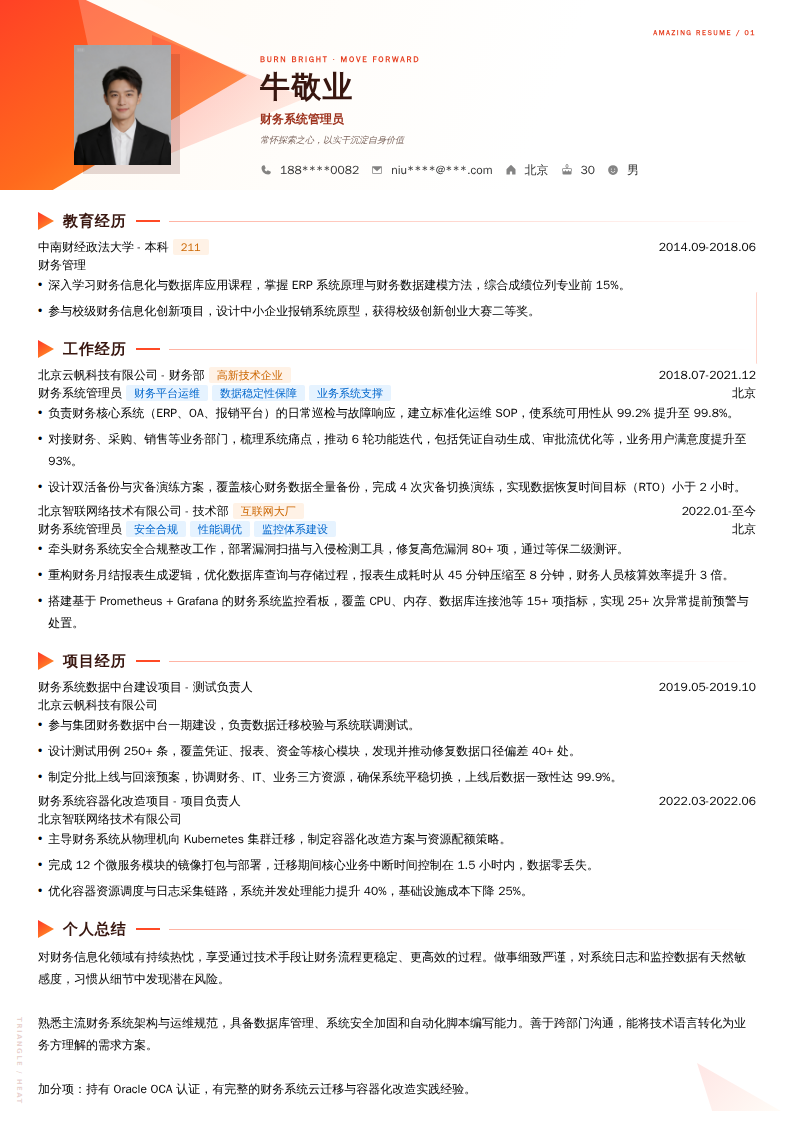 财务系统管理员简历模板