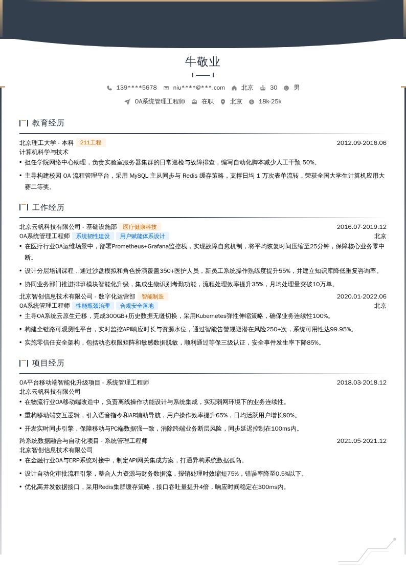 OA系统管理工程师简历模板