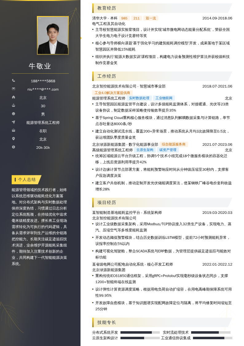 能源管理系统工程师简历模板