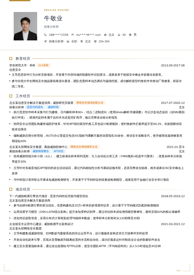病毒分析师简历模板