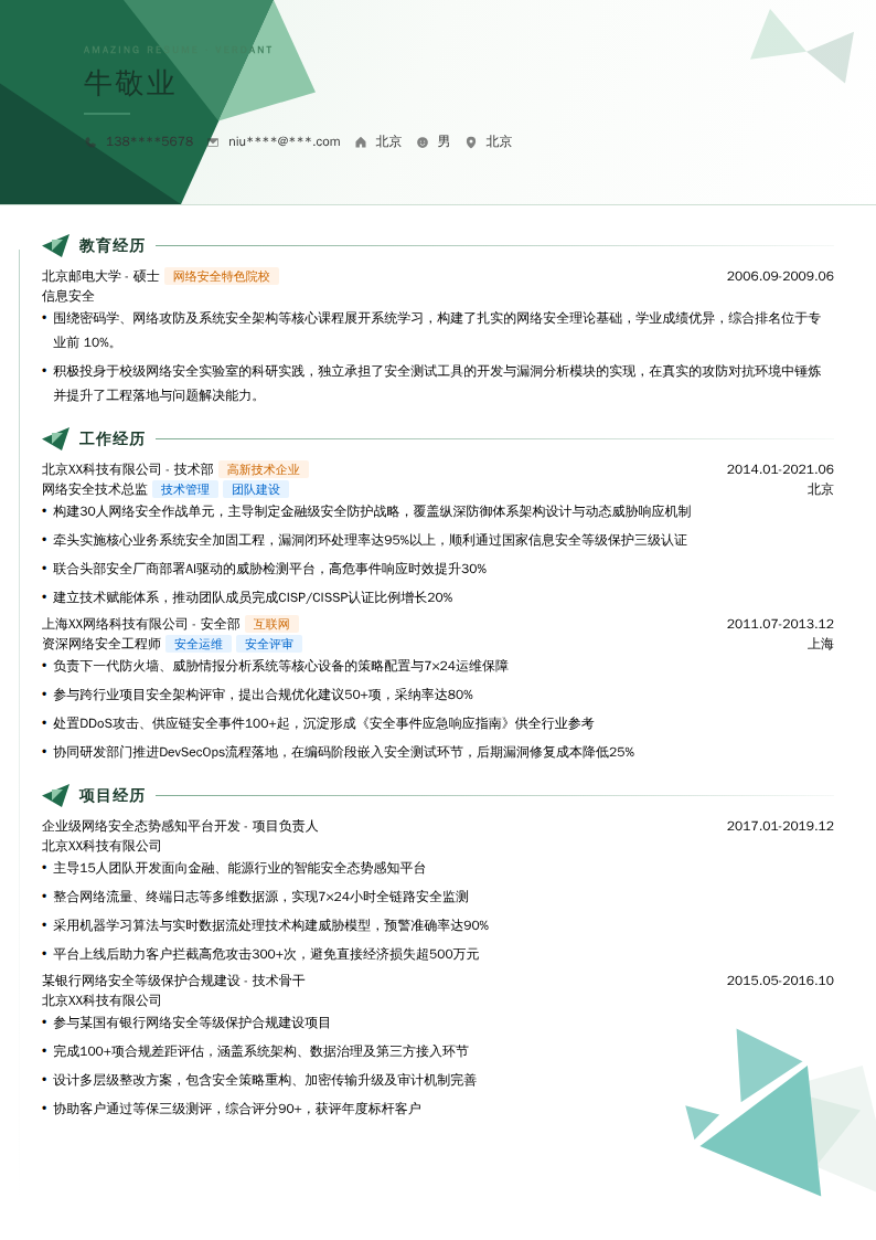 网络安全技术总监简历模板