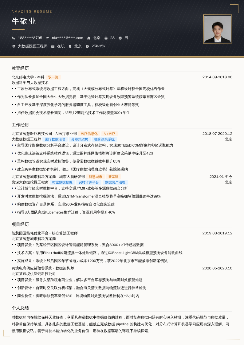 大数据挖掘工程师简历模板