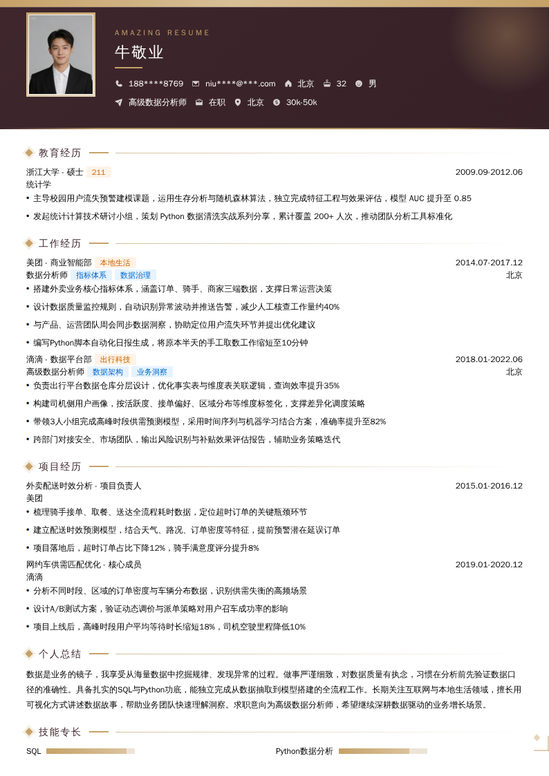 高级数据分析师简历模板