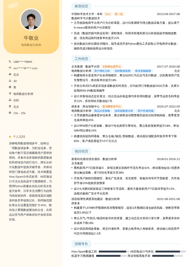 电商数据分析师简历模板