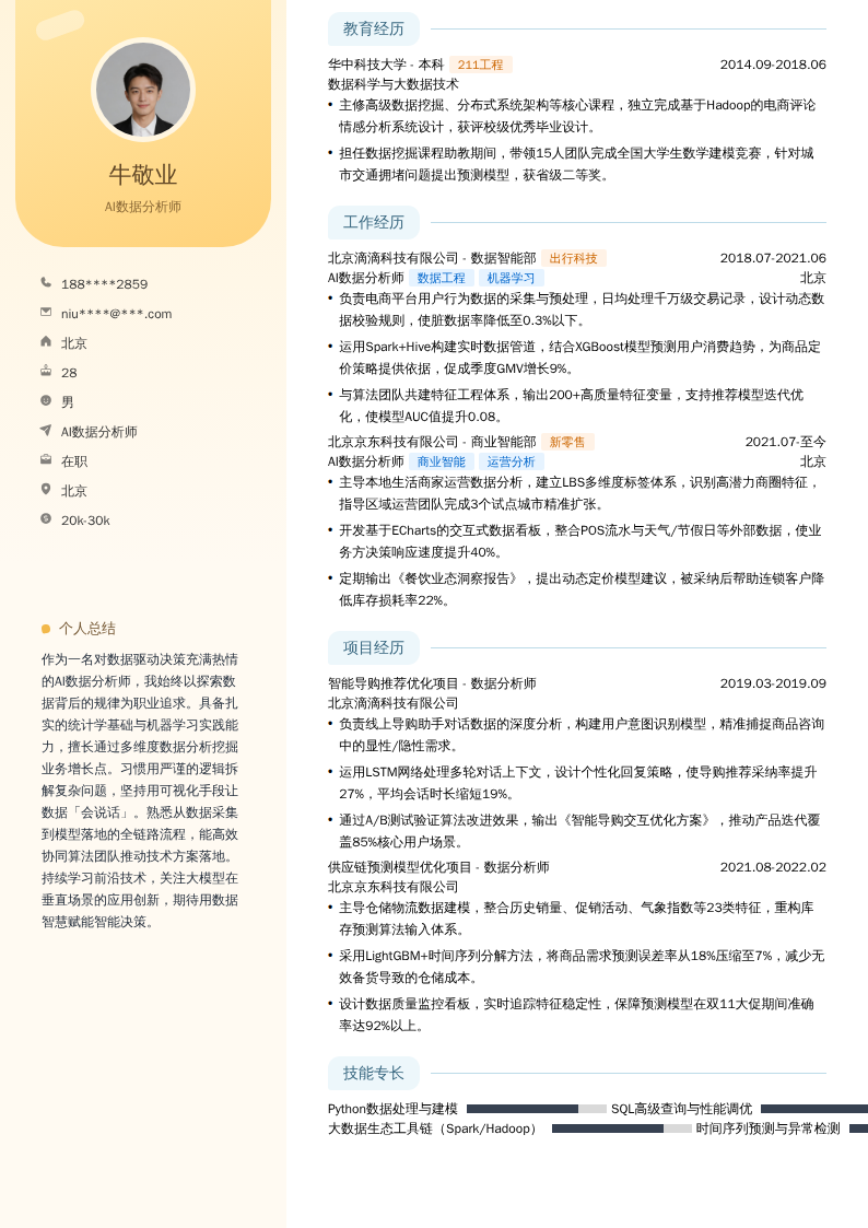 AI数据分析师简历模板