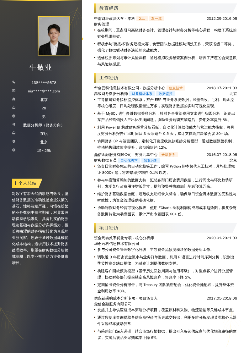 数据分析师（财务方向）简历模板