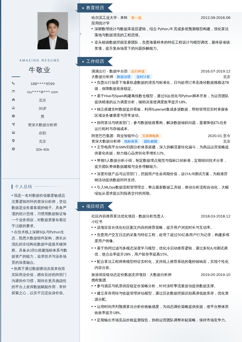 资深大数据分析师简历模板