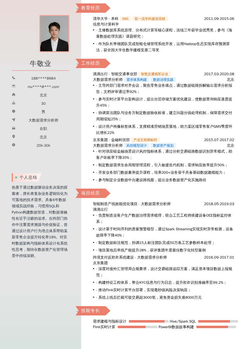 大数据需求分析师简历模板