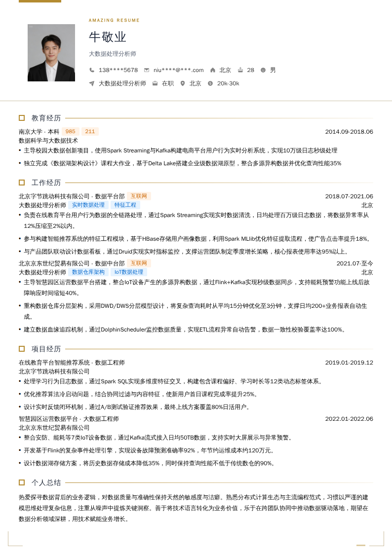 大数据处理分析师简历模板