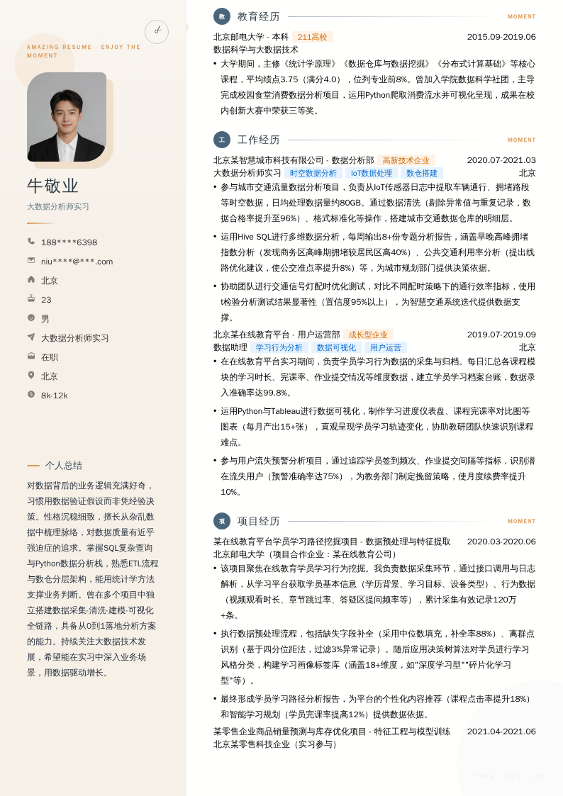 大数据分析师实习简历模板