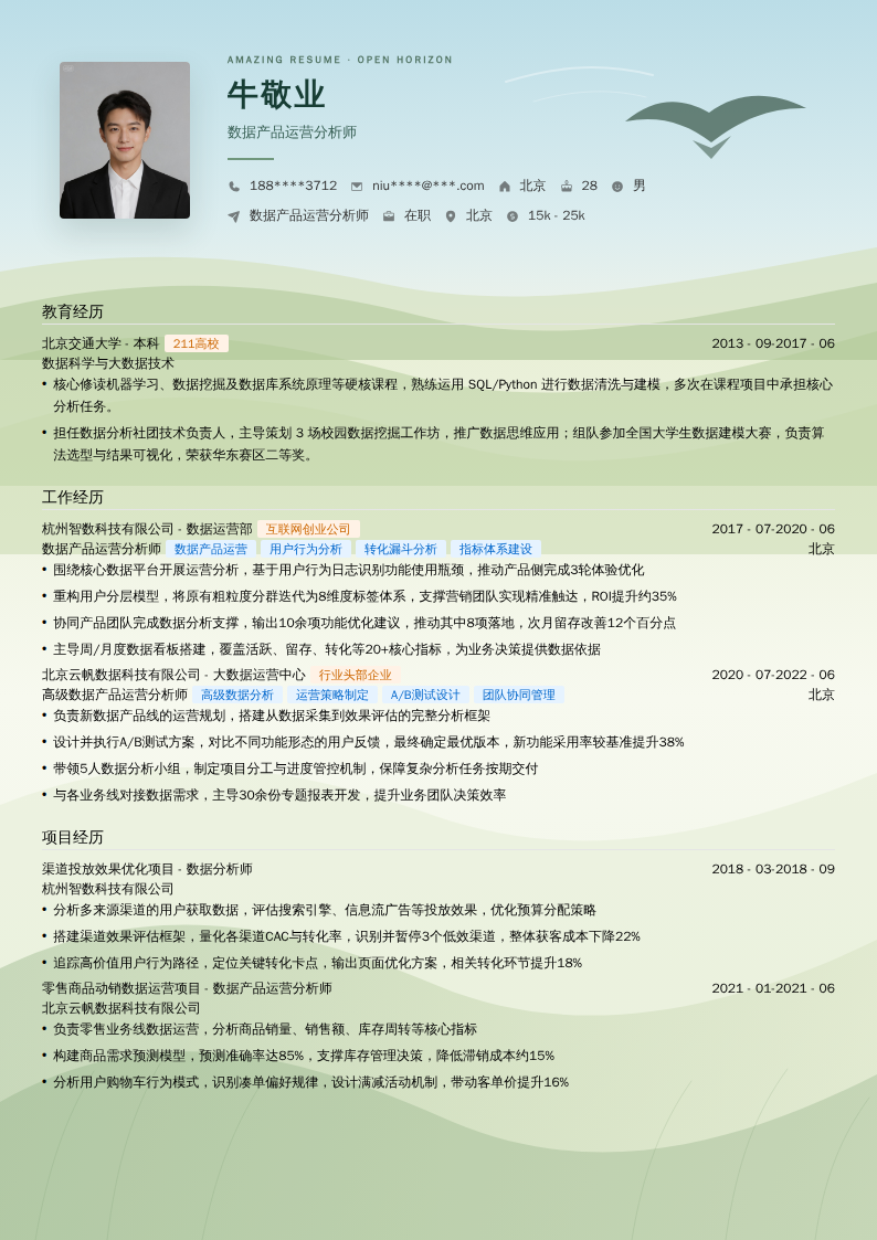 数据产品运营分析师简历模板