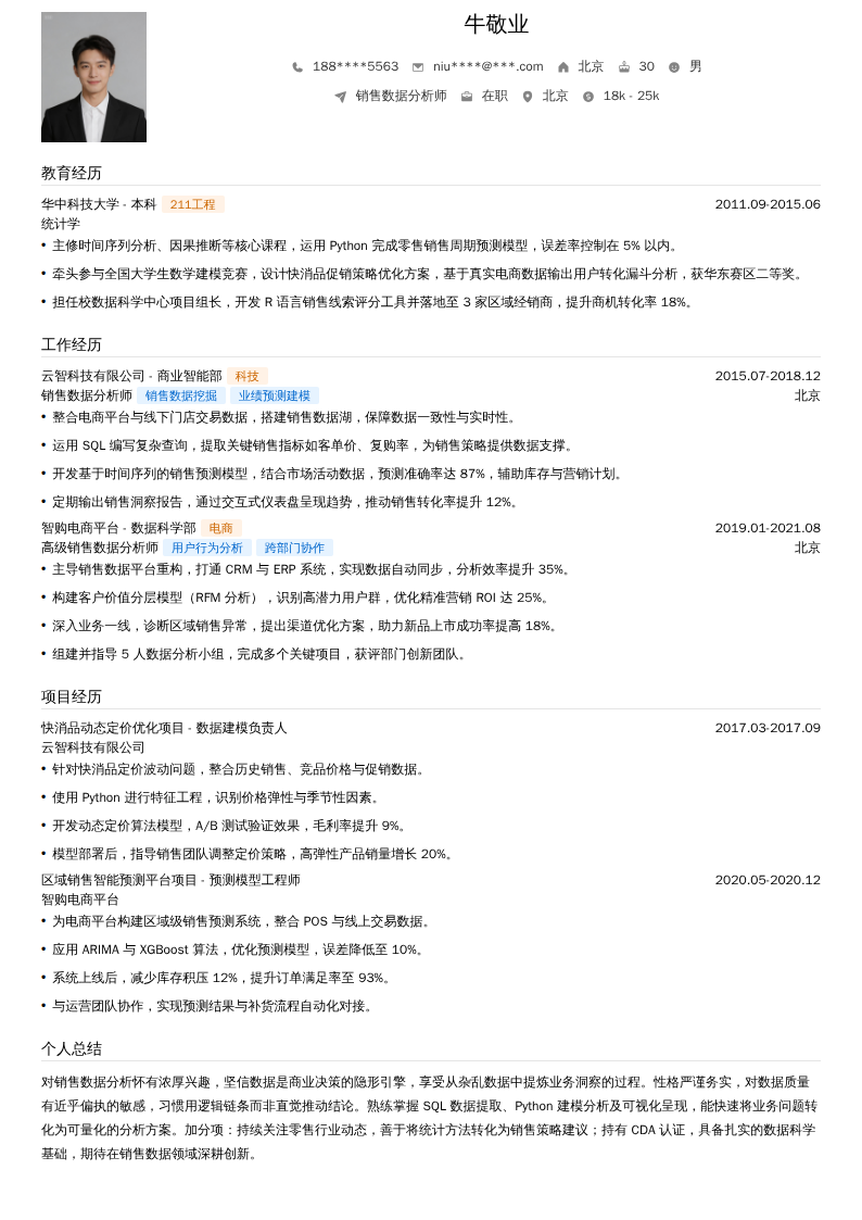 销售数据分析师简历模板