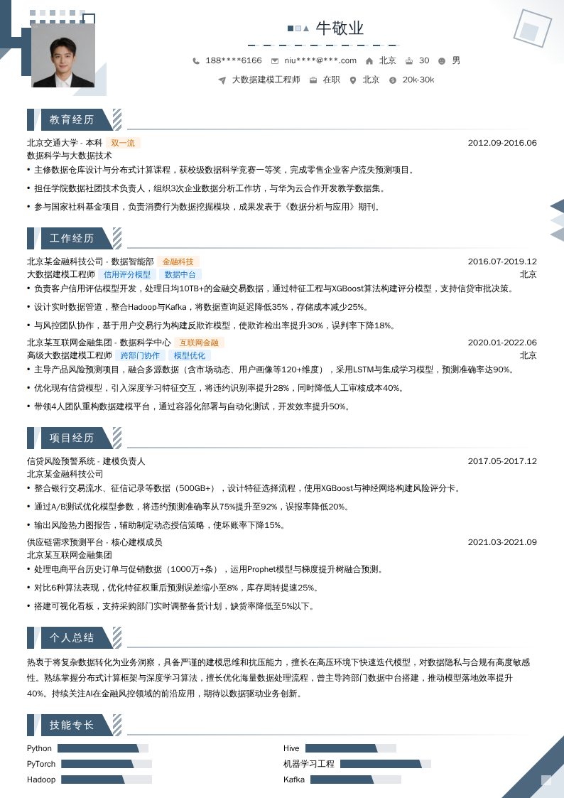 大数据建模工程师简历模板