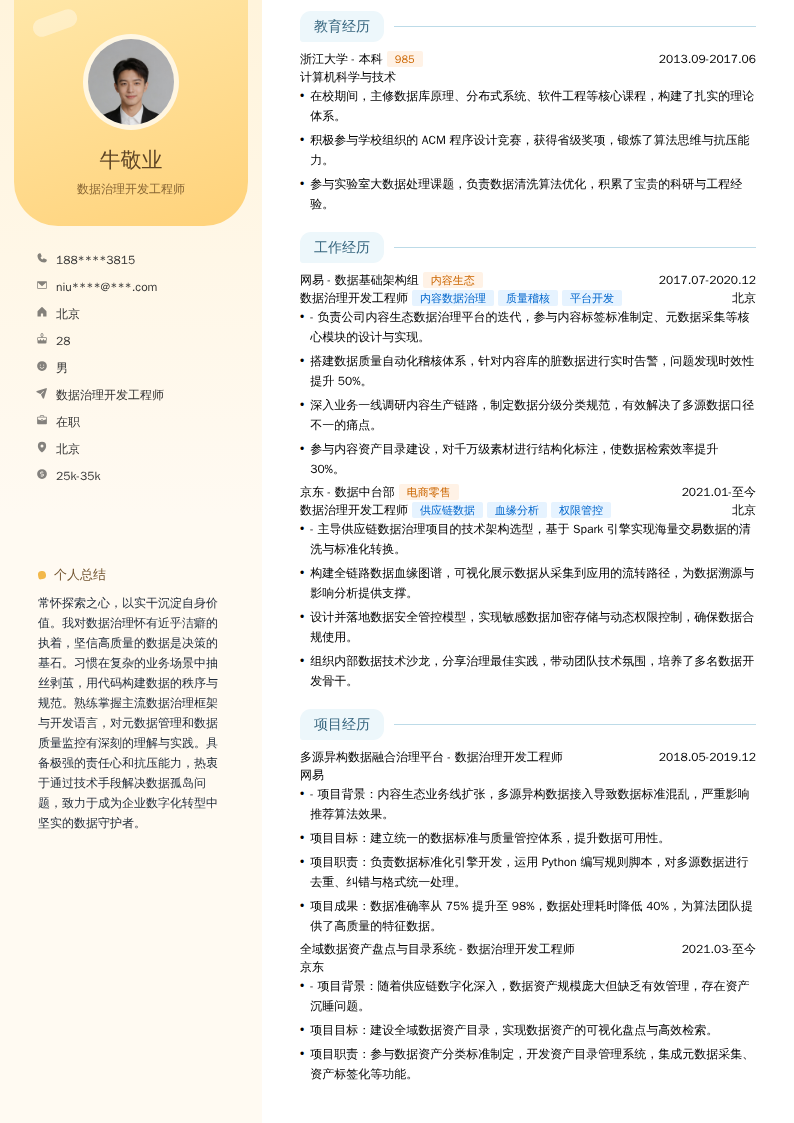 数据治理开发工程师简历模板
