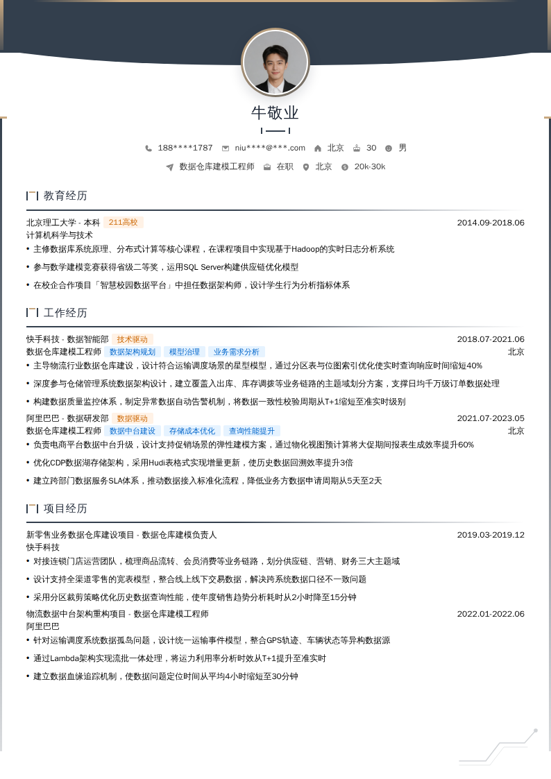 数据仓库建模工程师简历模板