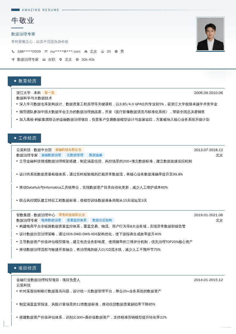 数据治理专家简历模板
