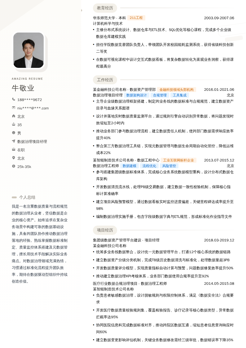 数据治理项目经理简历模板