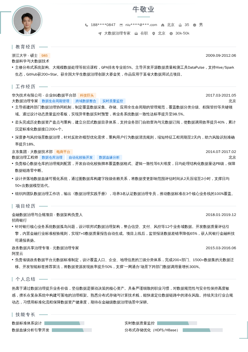 大数据治理专家简历模板