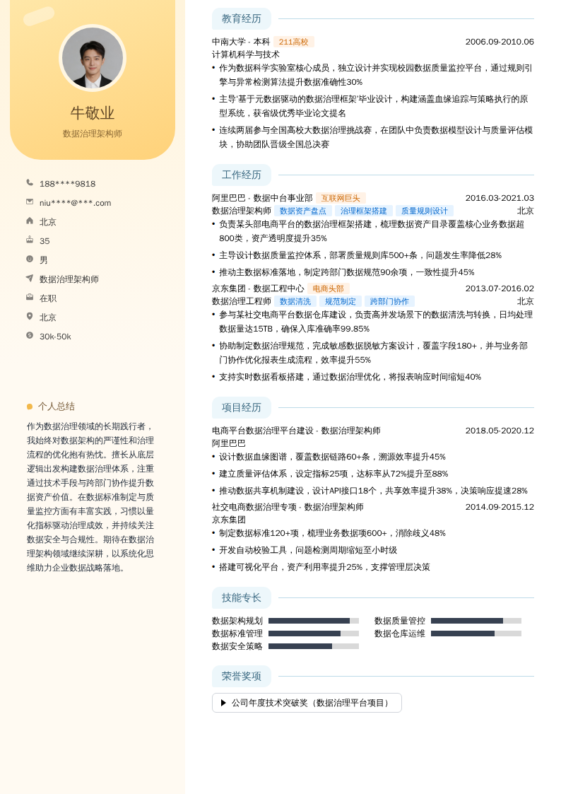 数据治理架构师简历模板