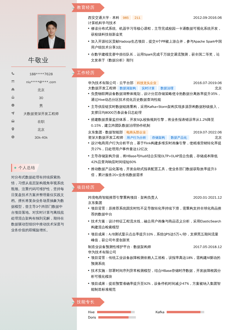 大数据资深开发工程师简历模板