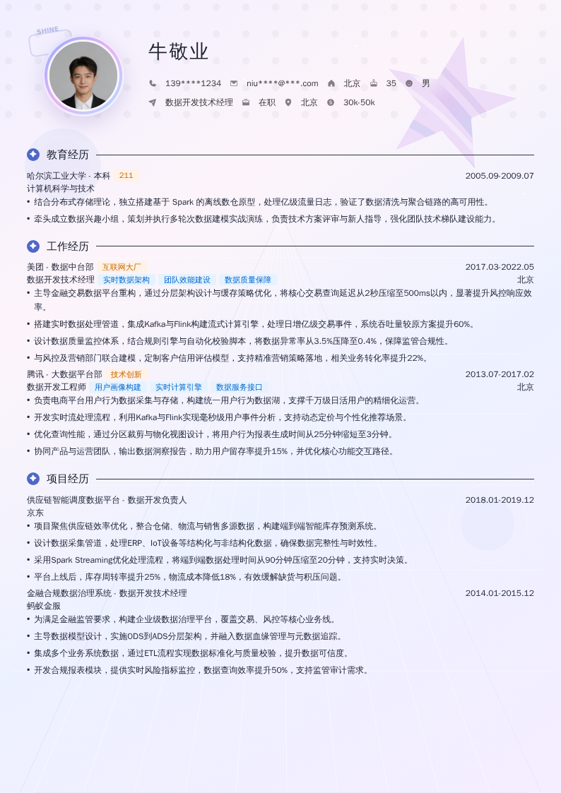 数据开发技术经理简历模板