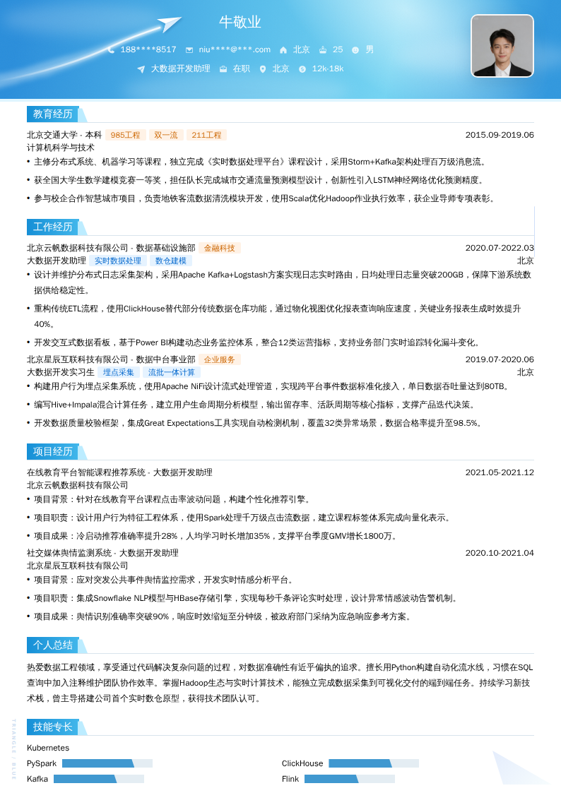 大数据开发助理简历模板