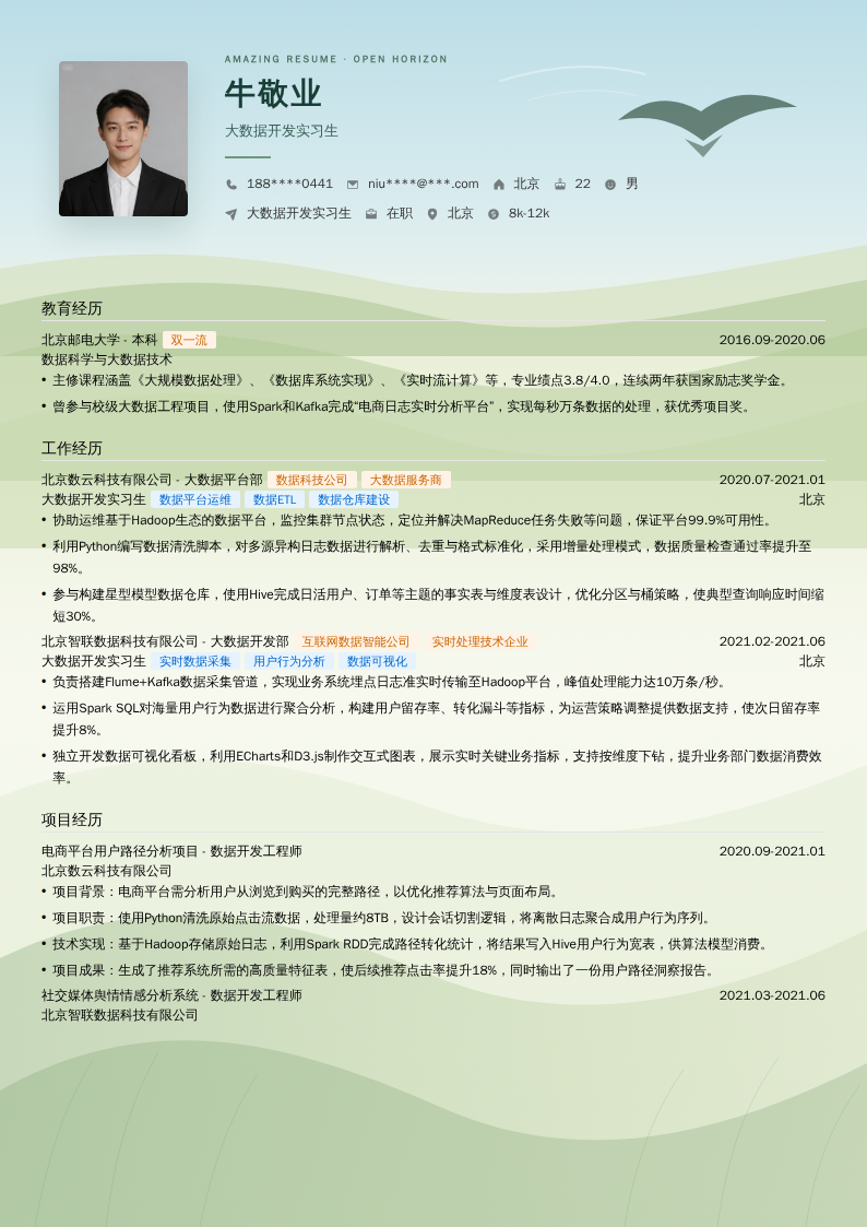 大数据开发实习生简历模板